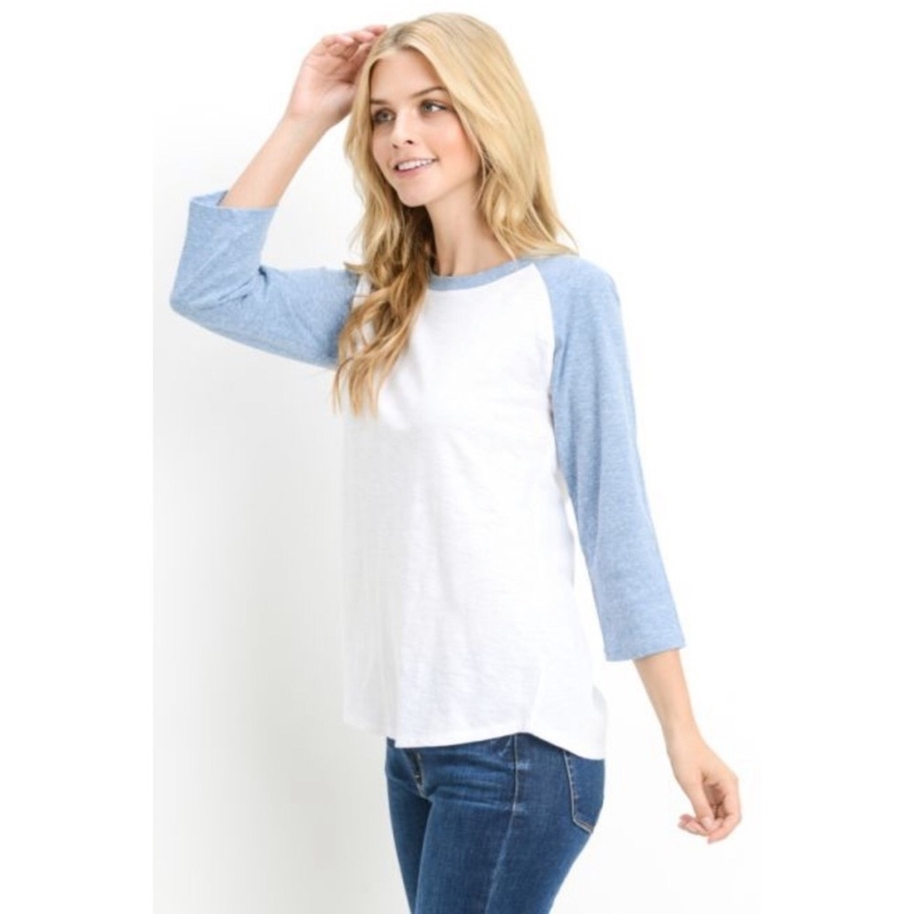 Mono B Size S Raglan t shirt womens top baseball Shirt blue white top 3/4 Sleeve